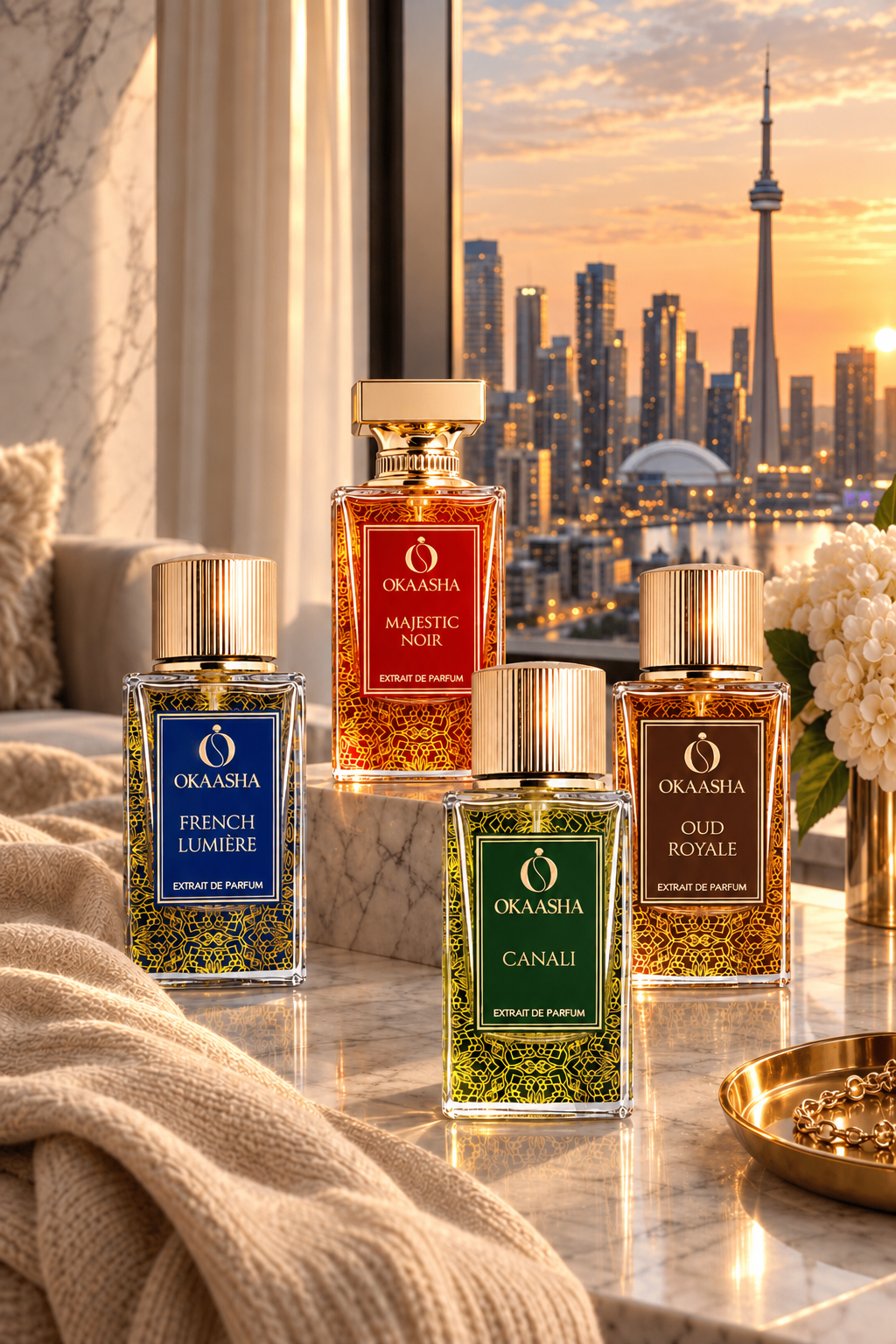 Four Okaasha perfume bottles displayed on a marble surface with a Toronto skyline at sunset in the background. The bottles include French Lumère, Canali, and Oud Royale, with one bottle labeled Marigold Rose elevated on a small pedestal.