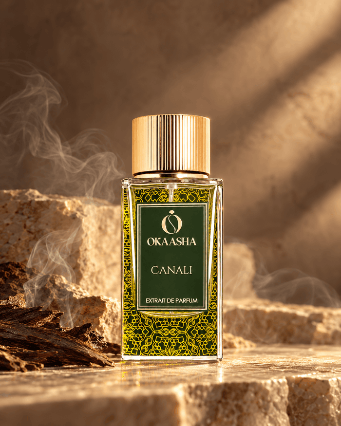 A bottle of Okaasha Canali Extrait de Parfum stands on a stone surface with warm golden lighting and smoke in the background.