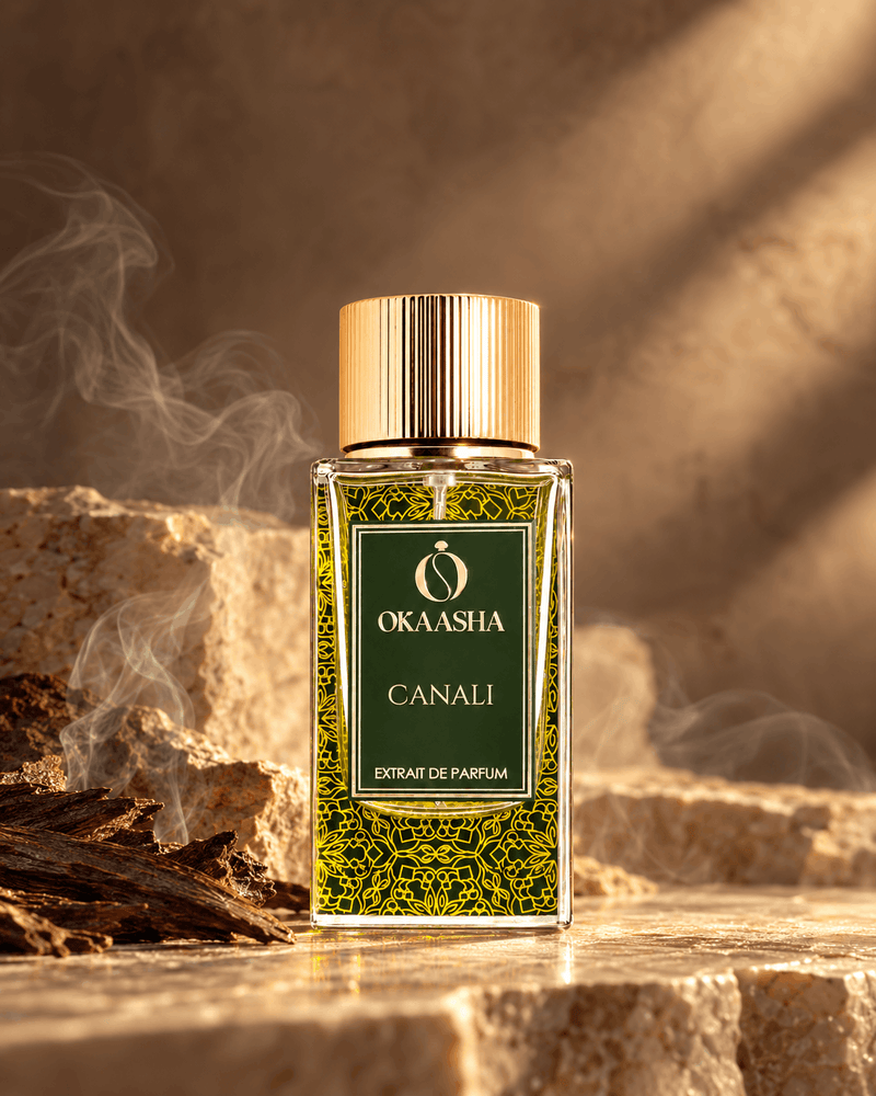 A bottle of Okaasha Canali Extrait de Parfum stands on a stone surface with warm golden lighting and smoke in the background.