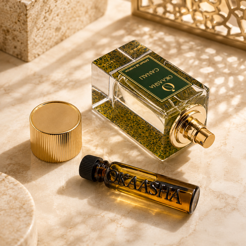 A luxury fragrance set by Okaasha, featuring a square clear glass bottle, a matching gold cap, and a small amber glass spray vial with the brand name 'OKAASHA' printed on it.