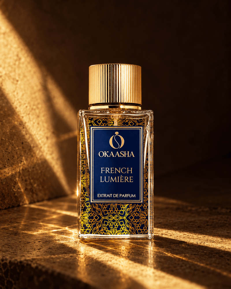 A bottle of Okaasha French Lumière extrait de parfum stands on a stone surface with dramatic warm sunlight and shadows.