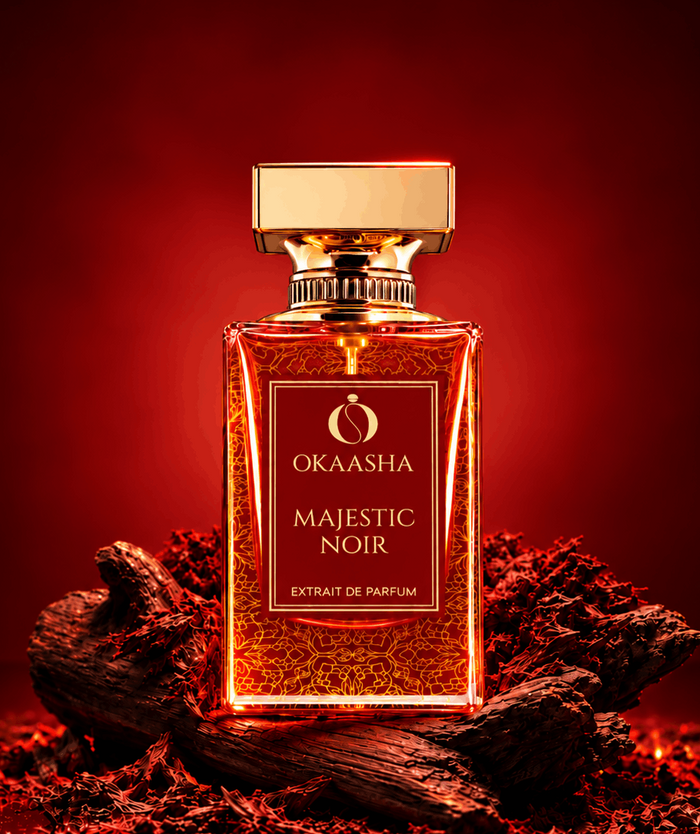 A rectangular glass perfume bottle labeled Okaasha Majestic Noir stands centered on dark wood pieces against a deep red background. The bottle contains a rich amber-red liquid and is topped with a metallic gold cap.
