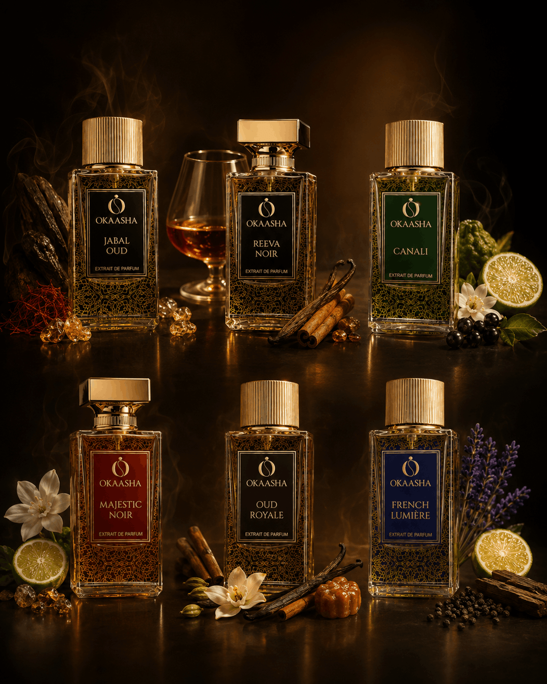 Six Okaasha perfume bottles arranged on a dark reflective surface with spices, flowers, citrus, and a glass of amber liquid around them. The bottles feature gold caps and colored labels in black, red, green, and blue, with scents.