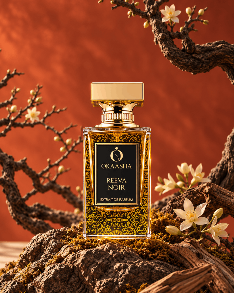 A bottle of Okaasha Reeva Noir extrait de parfum stands on a mossy rock surrounded by branches and small white flowers against a warm orange background.