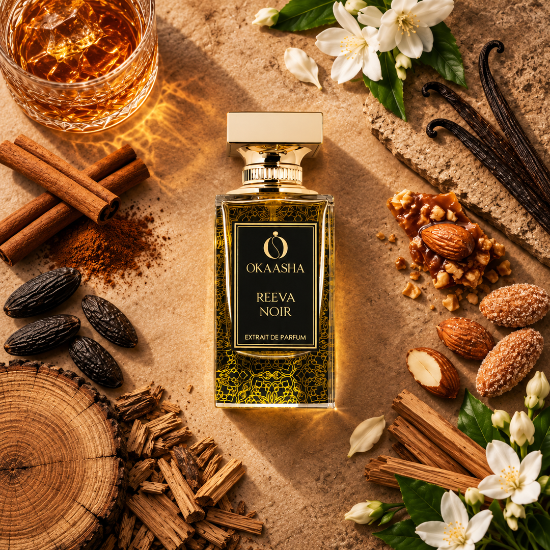 A bottle of Okasha Reeva Noir extrait de parfum is beautifully styled in a flat-lay composition with its natural ingredients, including cinnamon sticks, vanilla beans, almonds, wood chips, and white jasmine flowers on a textured brown background.