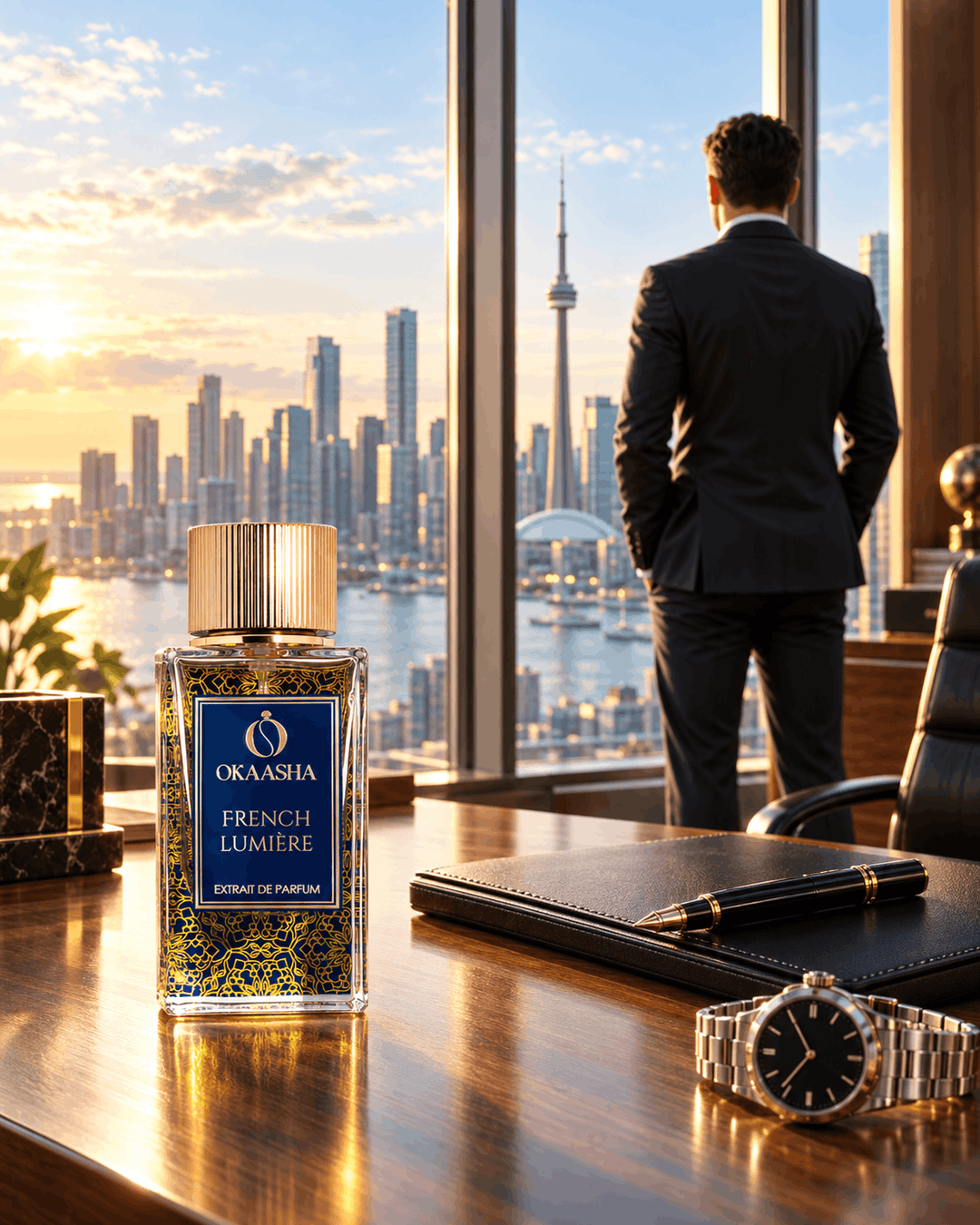 A bottle of Okaasha French Lumère perfume is placed on a polished wooden desk in a luxury office, with a man in a dark suit standing by a large window overlooking a Toronto skyline at sunset. A black leather notebook, a silver watch, and a gold pen are also on the desk.