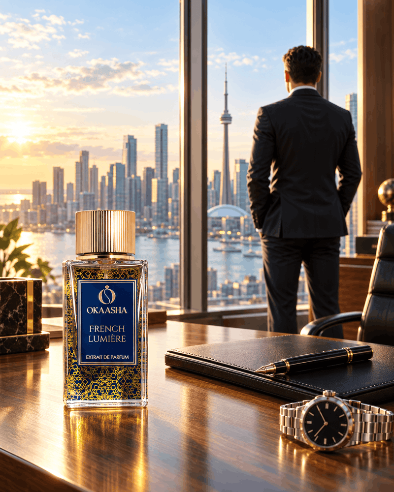 A bottle of Okaasha French Lumère perfume is placed on a polished wooden desk in a luxury office, with a man in a dark suit standing by a large window overlooking a Toronto skyline at sunset. A black leather notebook, a silver watch, and a gold pen are also on the desk.